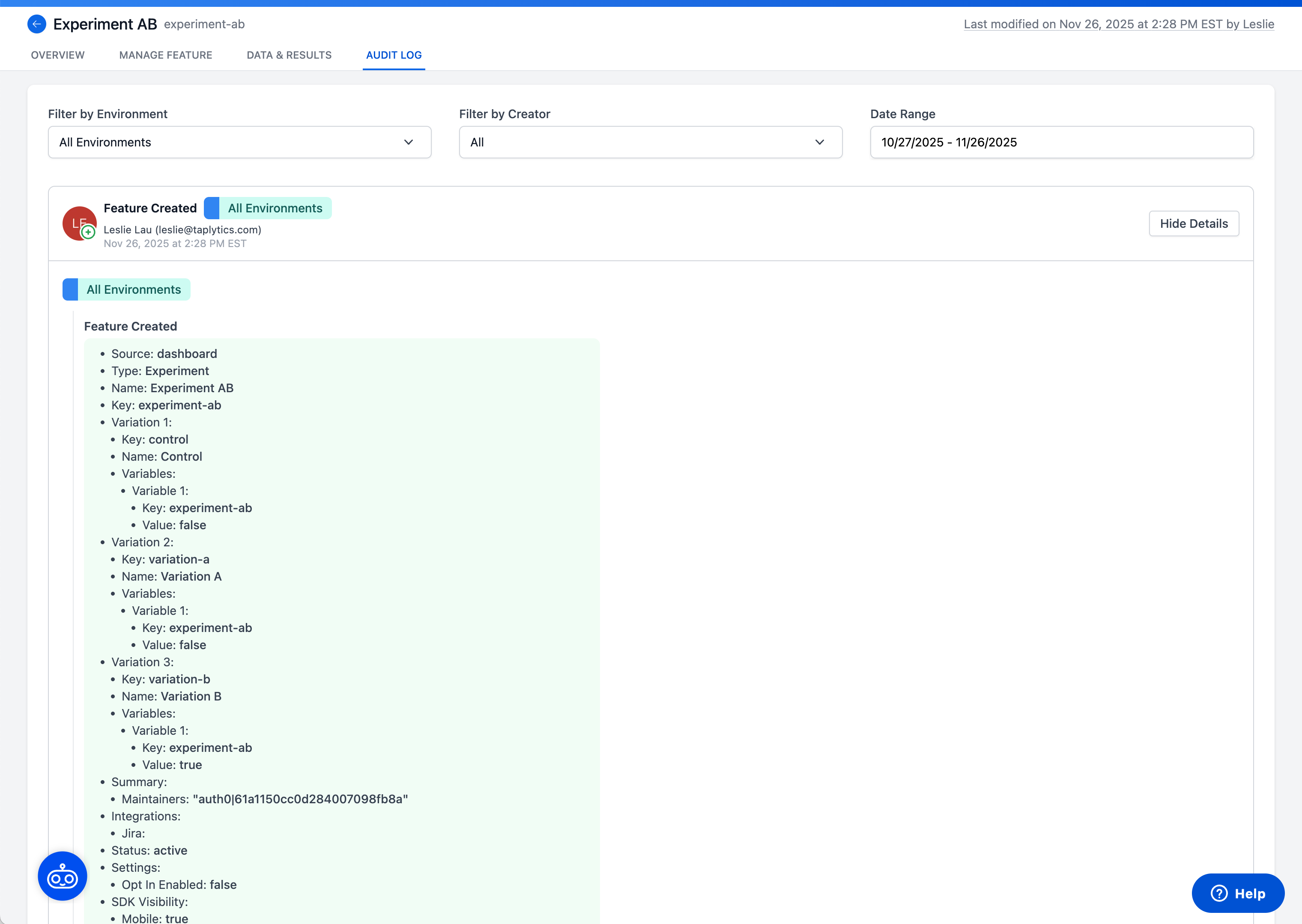 Audit Log Experiment Feature Type